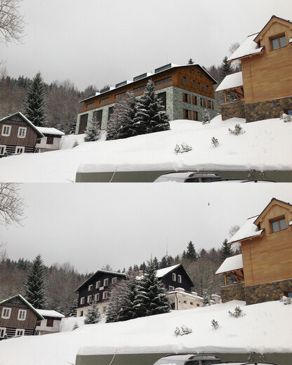 Foto se zákresem - Vizualizace horského hotelu v Krkonoších