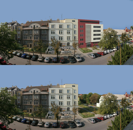 Foto před zákresem - Vizualizace bytového domu v Plzni